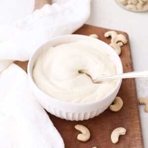 A bowl of homemade vegan ricotta cheese made with cashew.