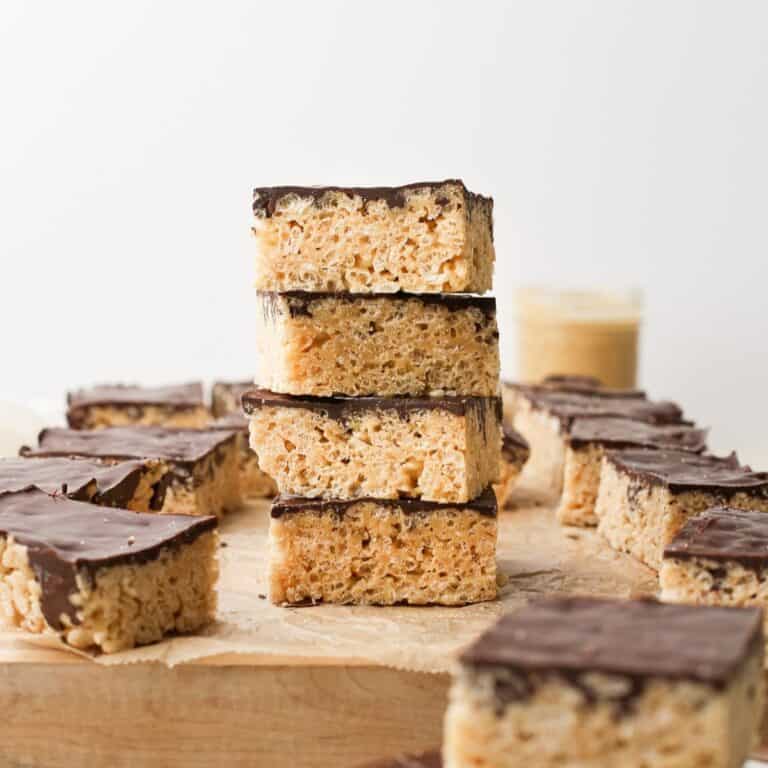 A stack of chocolate peanut butter rice crispy treats.