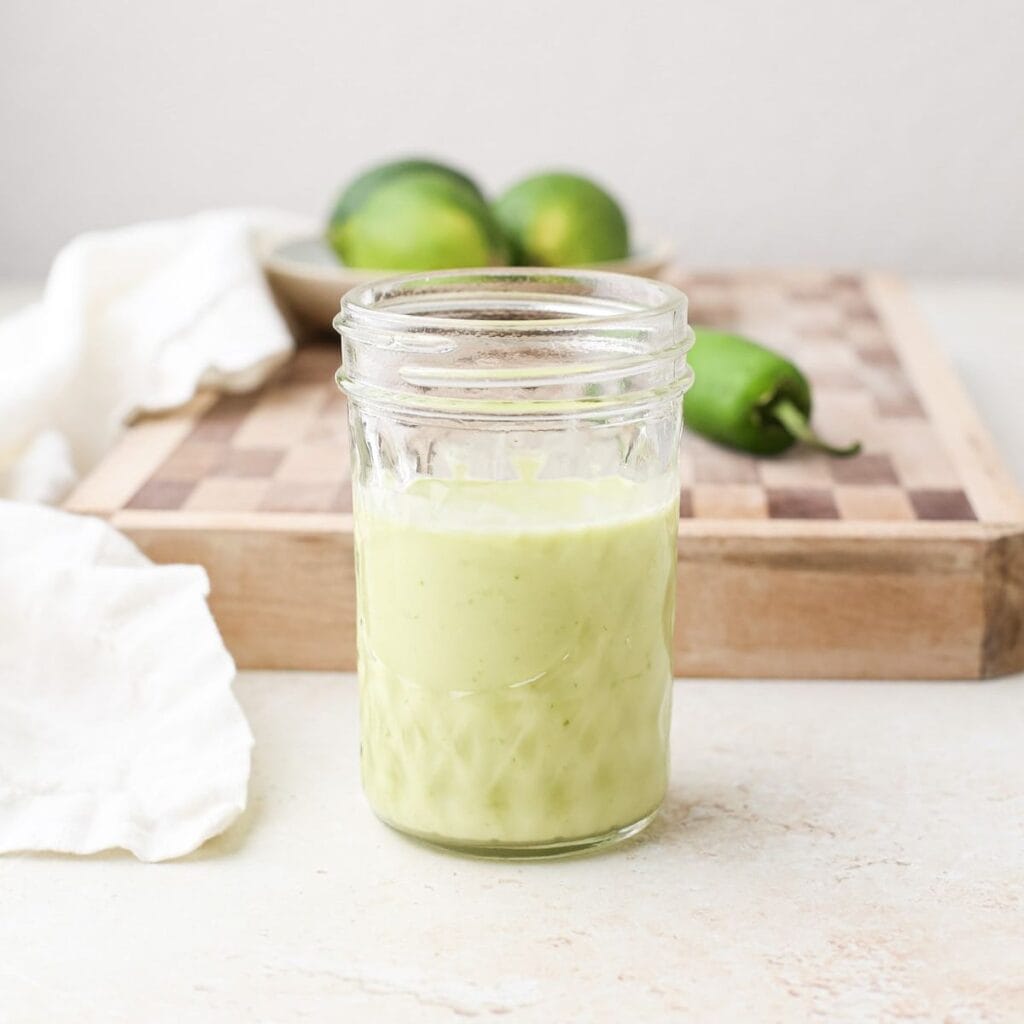 A jar of jalapeño lime vinaigrette dressing.