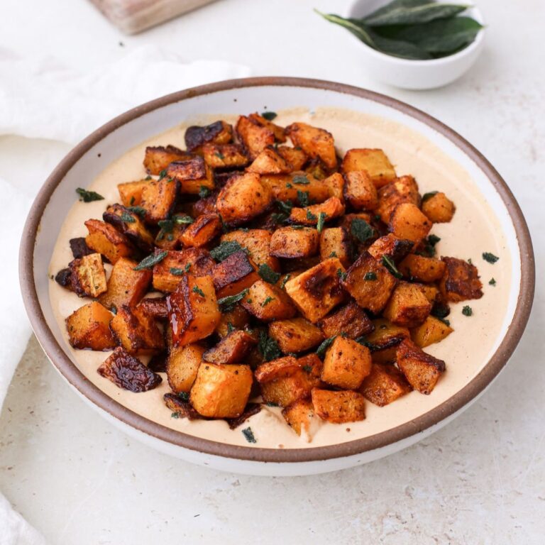 Butternut squash dip with fried sage leaves.