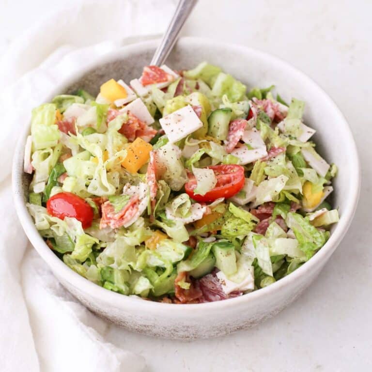 Chopped Italian grinder salad with tangy Italian grinder dressing.