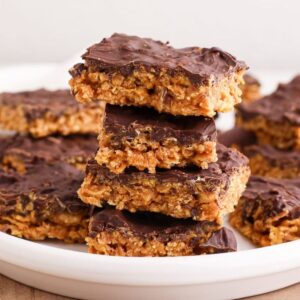 A stack of homemade butterfinger bars on a plate.