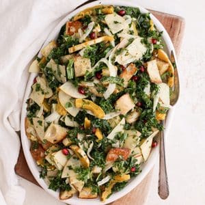 An oval plate of fall panzanella salad with kale, roasted squash, thinly slice fennel and apple, toasted bread, and pomegranate seeds.
